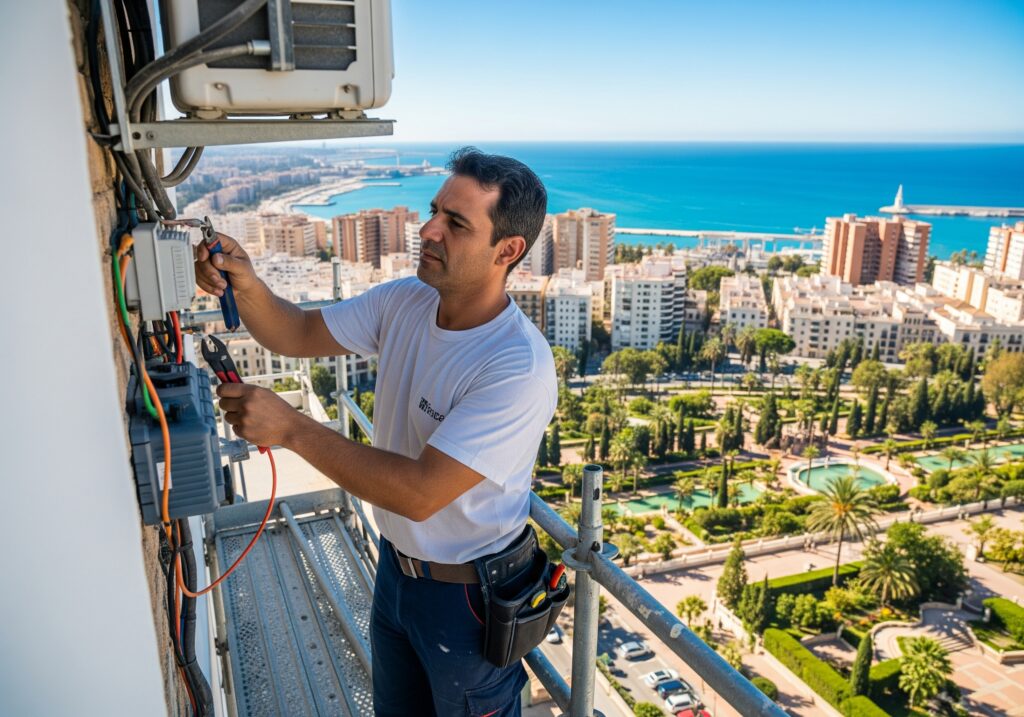 Electricista profesional instalando toma de corriente en reforma integral en Málaga