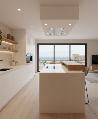 Diseño de cocina americana con barra